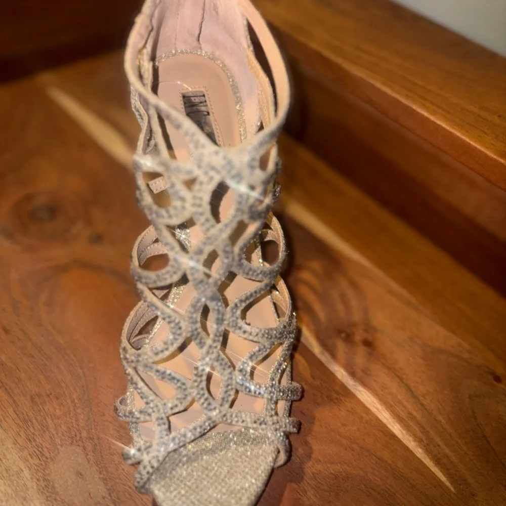 INC International Concepts Rhinestone Open Toe Heels Gold 9.5M Glam Dates Formal